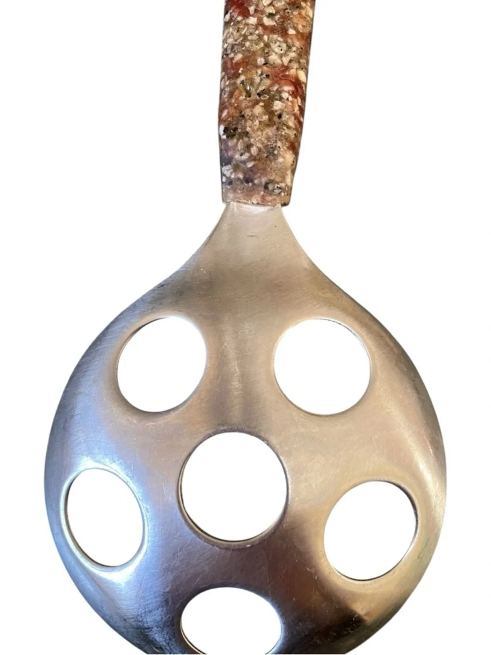 Unique vintage style kitchen tool, slotted spoon, resin? Handle